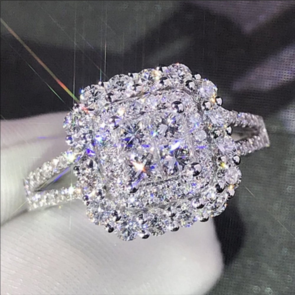 NEW💍925 STERLING SILVER DIAMOND HALO SQUARE RING